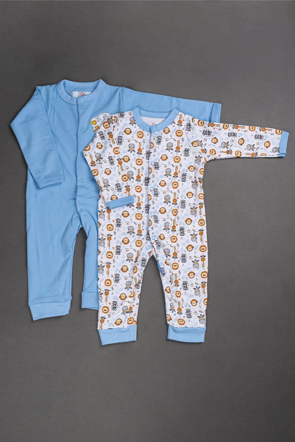 Oh Baby Cotton Interlock Knit Animal Print Body Suit Pack Of - 2 - Sky Blue & Assorted - S204 - Naidu Hall Family Store