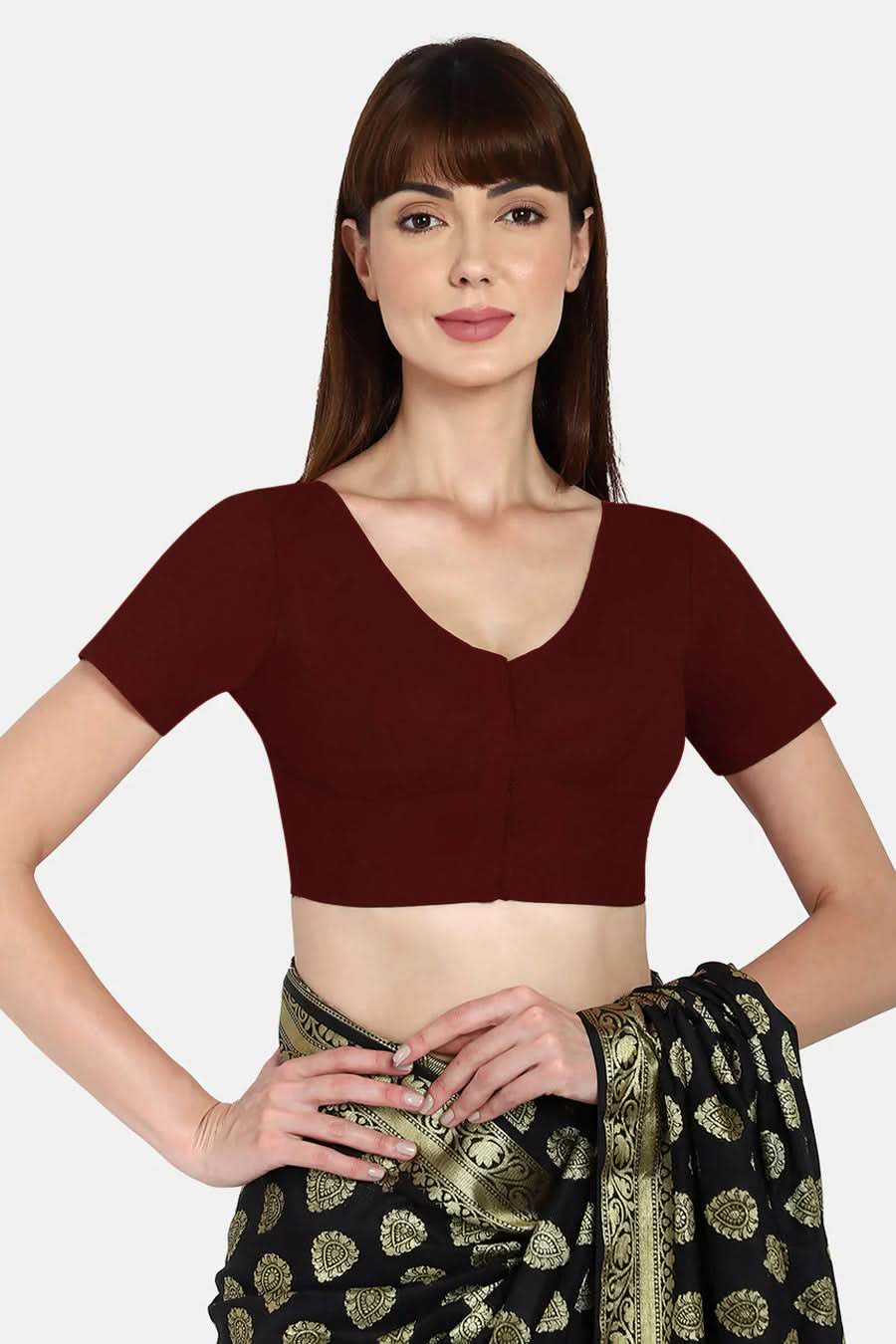 Naidu Hall Round neck Silk Cotton short sleeve blouse - Brown - Naidu Hall Family Store