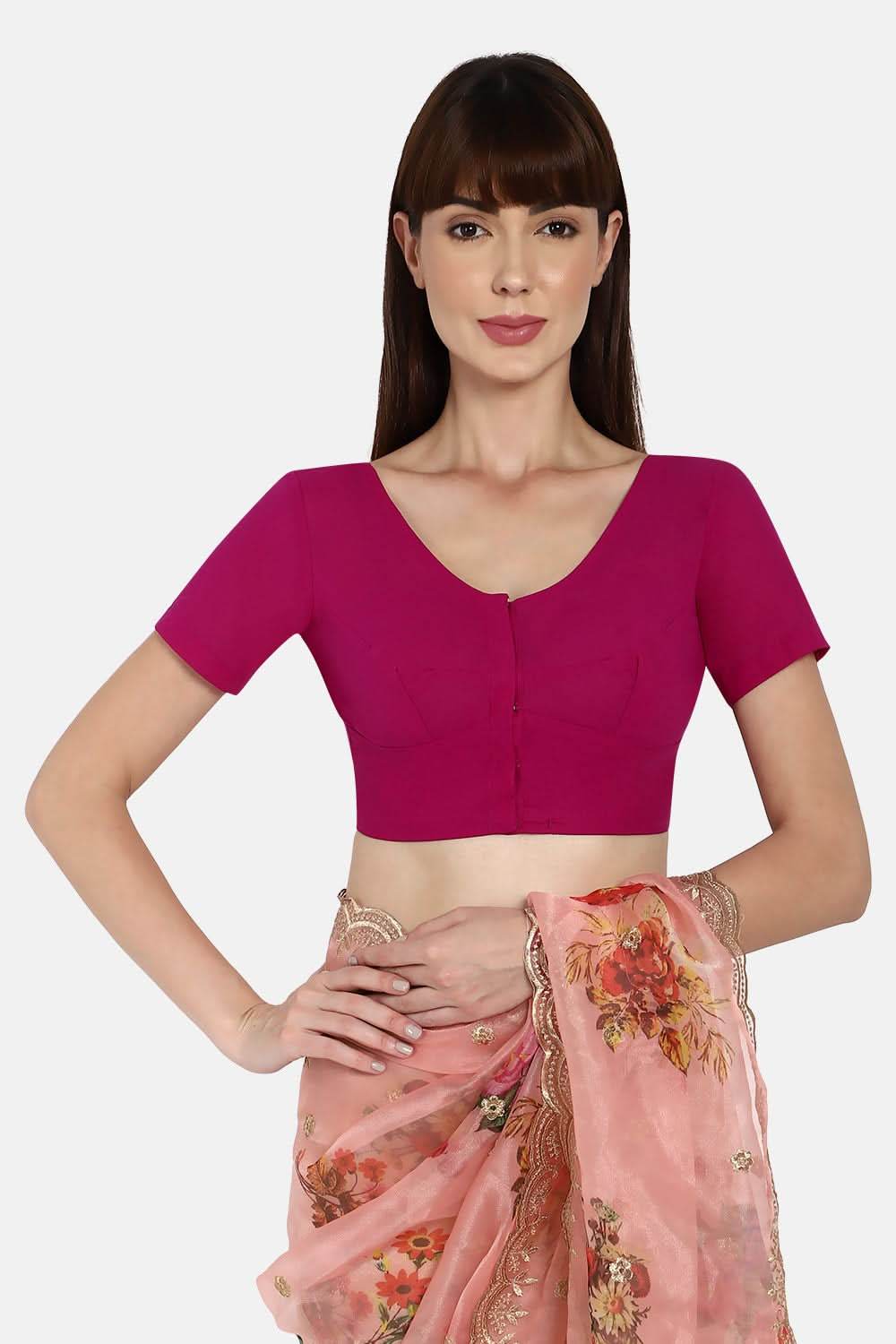 Naidu Hall Full Coverage Non-Wired Non-Padded Round neck short sleeve blouse - Violet - Naidu Hall Family Store