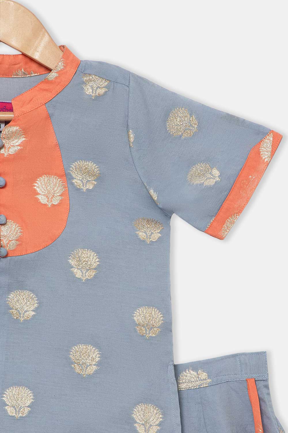 Chittythalli Girls Traditional Pavadai Set with Mandarin Collar Top and Double Layered Flared Skirt - Grey - PS70