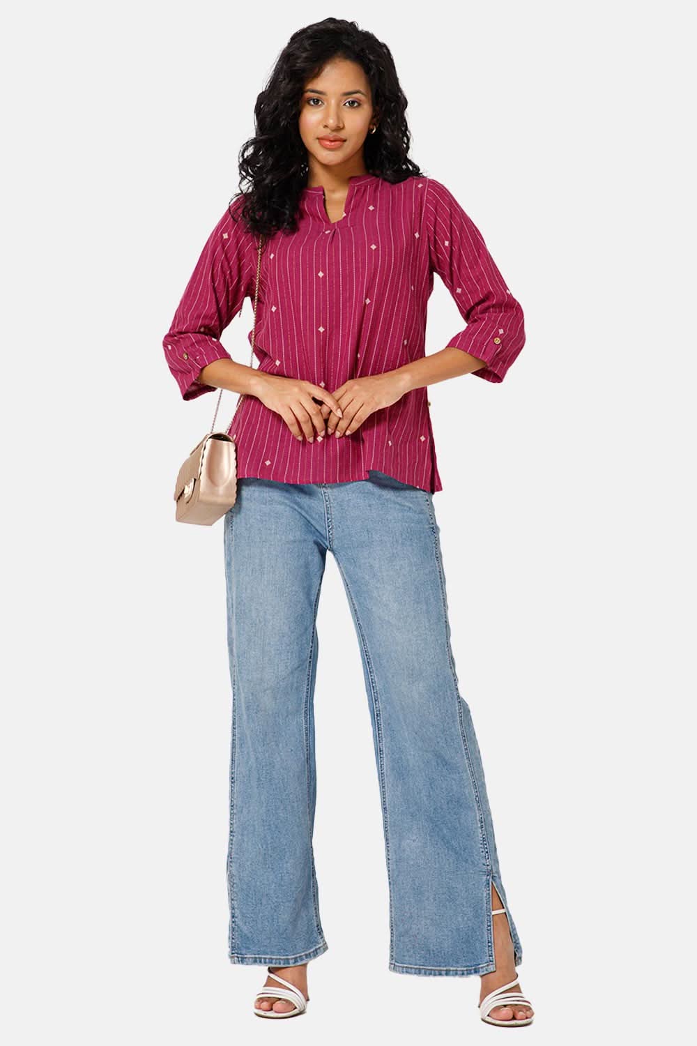Mythri Manderian Collar 3/4th Sleeve Tab Top - Purple - TO04