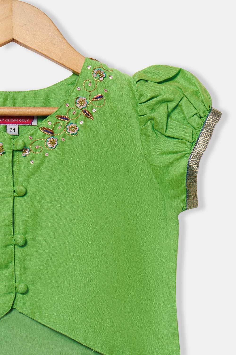 Chittythalli Girls’ Pavadai Set – V-Neck Embroidered Top with Puff Sleeves & Box-Pleated Brocade Skirt - Green - PS38 - Naidu Hall Family Store