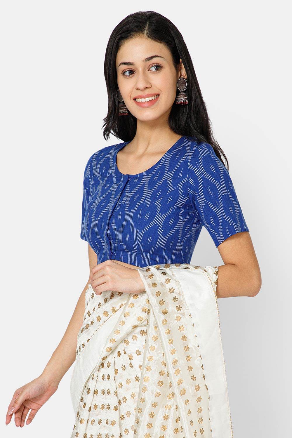 Naidu Hall Women’s Designer Cotton Ikat Blouse V-Neck Front Open with Elbow Sleeves - Blue - BU16 - Naidu Hall Family Store
