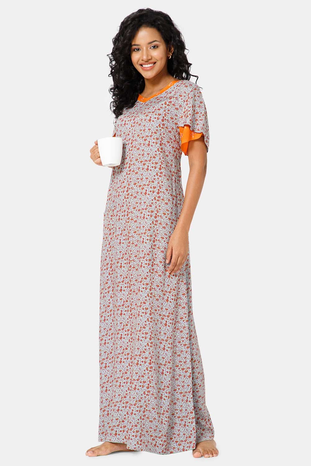 Naidu Hall V Neck Ruffle Sleeve Printed Nighty-Sky Blue - NT45