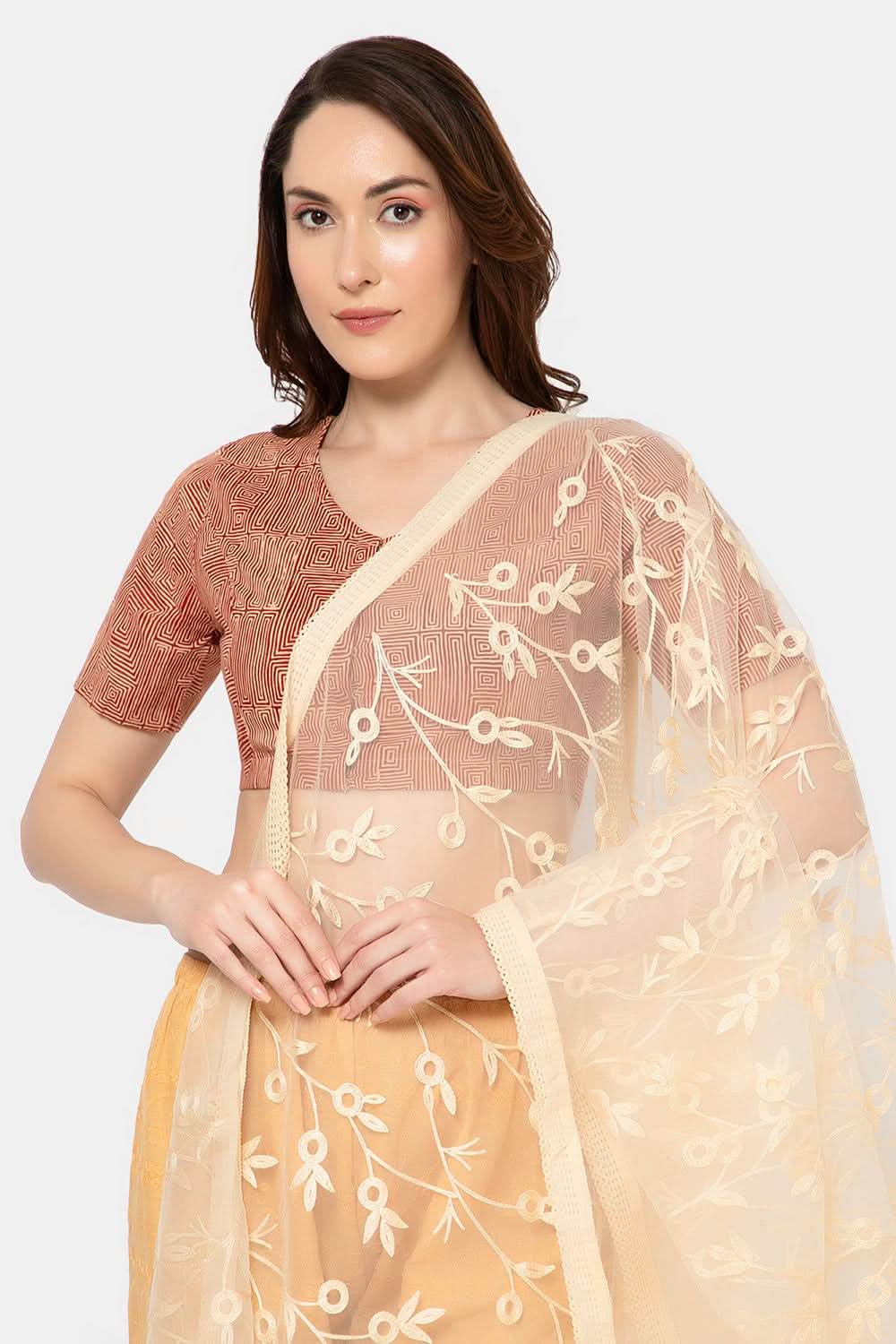 Naidu Hall Elegant Block Print Cotton Blouse for Women with V-Neck, Elbow Sleeves, and Soft Inner Lining - Red - BU15 - Naidu Hall Family Store