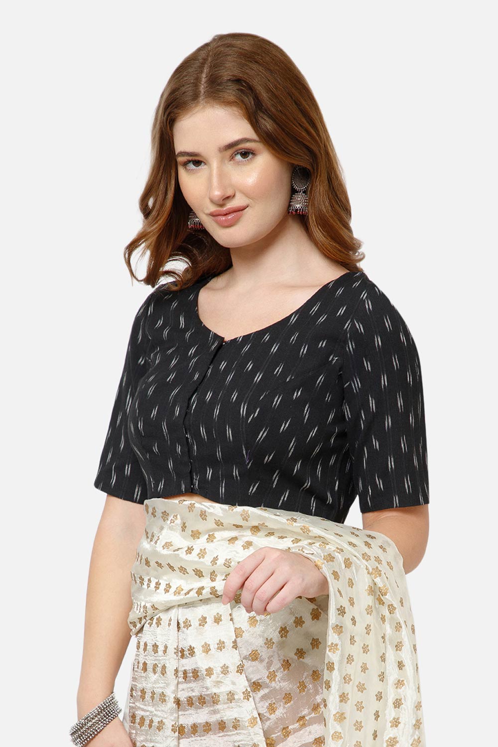 Naidu Hall Women’s Cotton Blouse | Woven U-Neck Ethnic Blouse with Elbow Sleeves & Front Closure - Black-3 - BU17