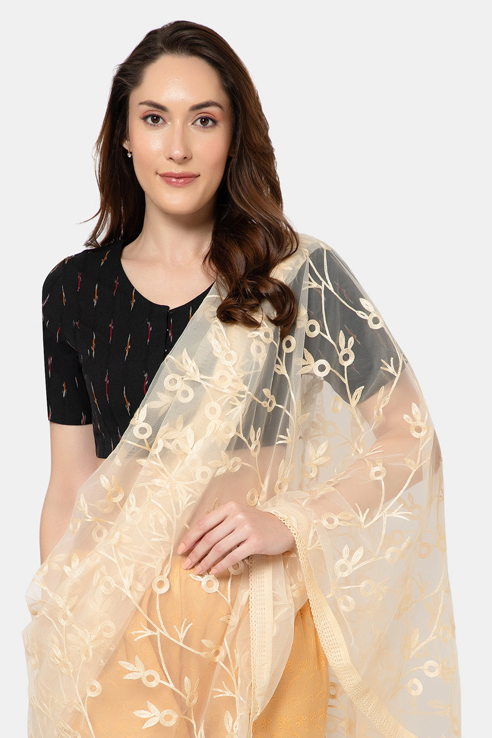 Naidu Hall Women’s Designer Cotton Ikat Blouse V-Neck Front Open with Elbow Sleeves - Black - BU16