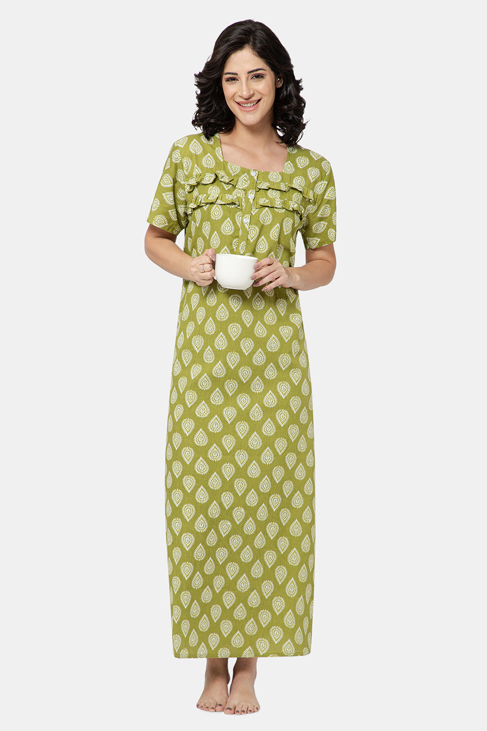Naidu Hall Women's Printed A-Line Nighty with Square Neck and Ruffle Detailing - Green - N101