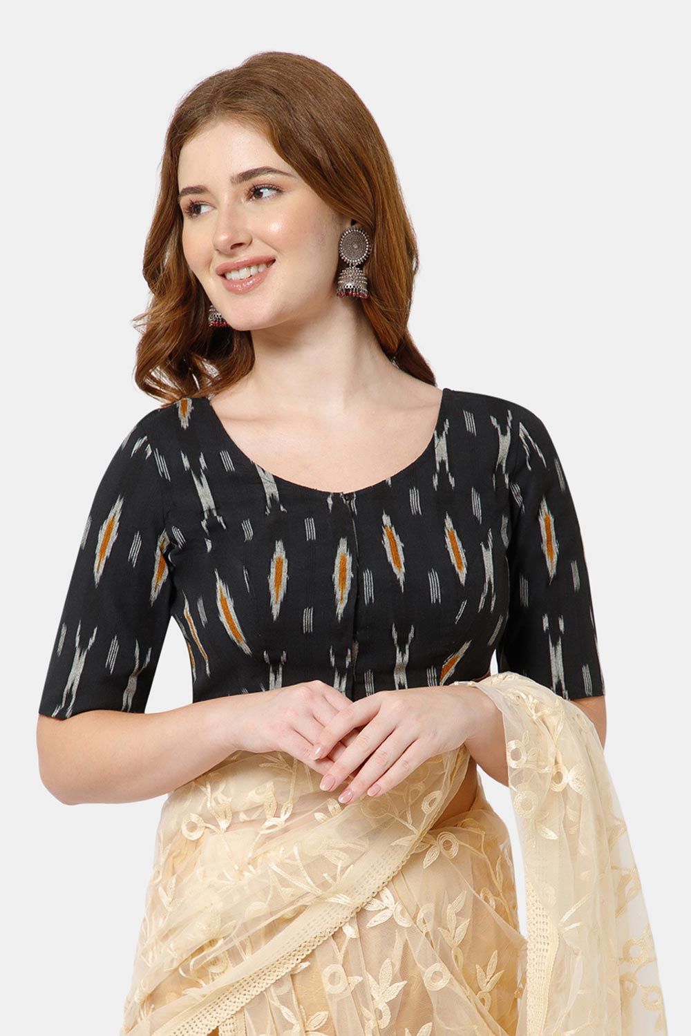 Naidu Hall Women’s Cotton Blouse | Woven U-Neck Ethnic Blouse with Elbow Sleeves & Front Closure - Black - BU17