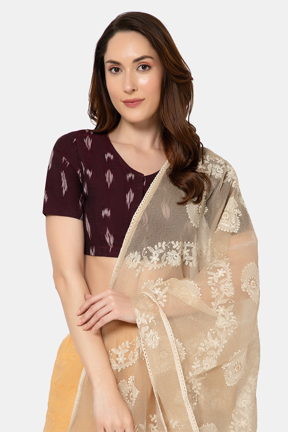 Naidu Hall Women’s Designer Cotton Ikat Blouse V-Neck Front Open with Elbow Sleeves - Wine - BU16