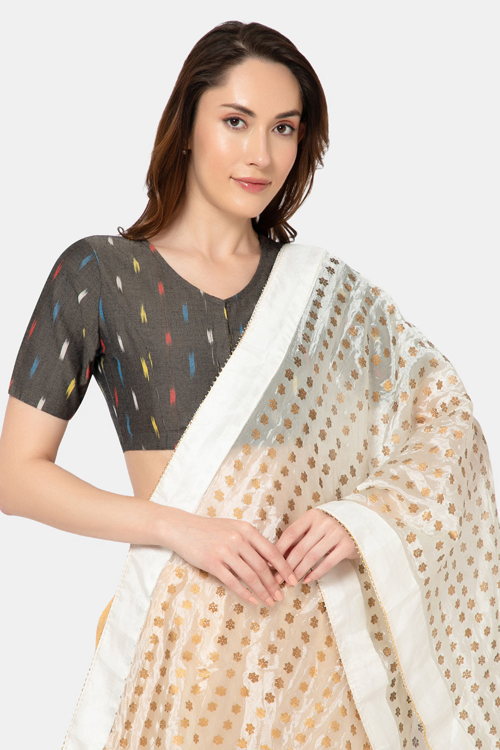 Naidu Hall Women’s Designer Cotton Ikat Blouse V-Neck Front Open with Elbow Sleeves - Black Print 1 - BU16