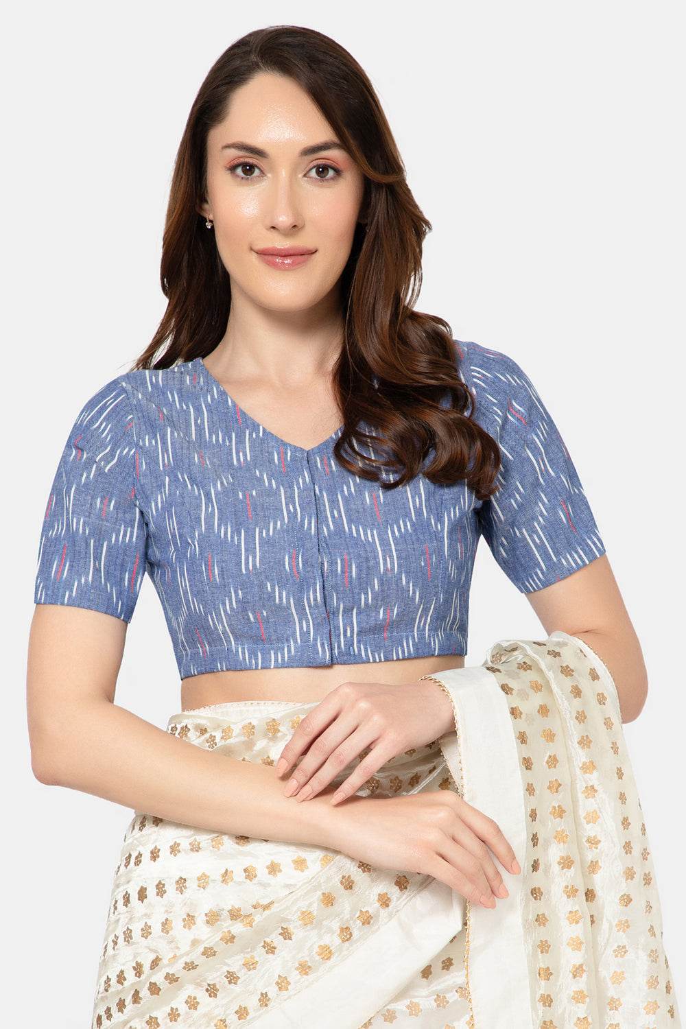 Naidu Hall Women’s Designer Cotton Ikat Blouse V-Neck Front Open with Elbow Sleeves - Navy Blue - BU16 - Naidu Hall Family Store