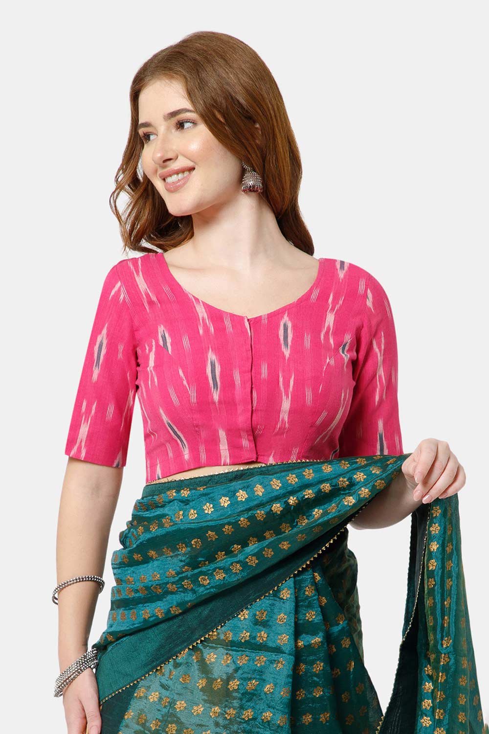 Naidu Hall Women’s Cotton Blouse | Woven U-Neck Ethnic Blouse with Elbow Sleeves & Front Closure - Pink - BU17