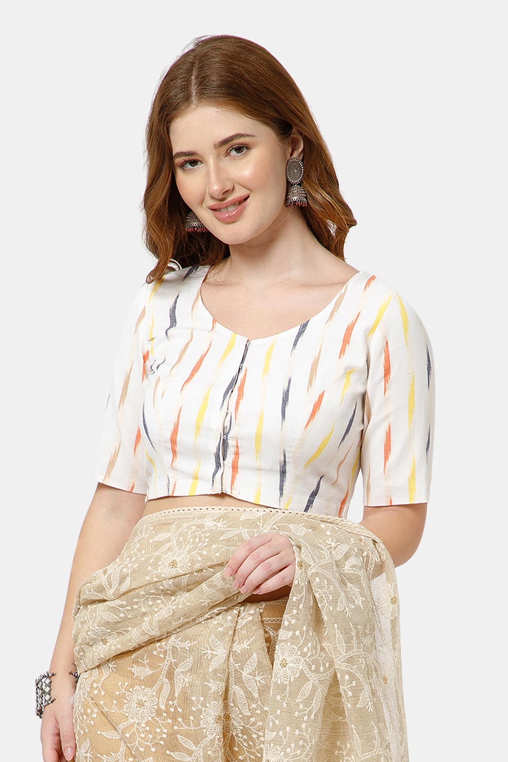 Naidu Hall Women’s Cotton Blouse | Woven U-Neck Ethnic Blouse with Elbow Sleeves & Front Closure - White - BU17
