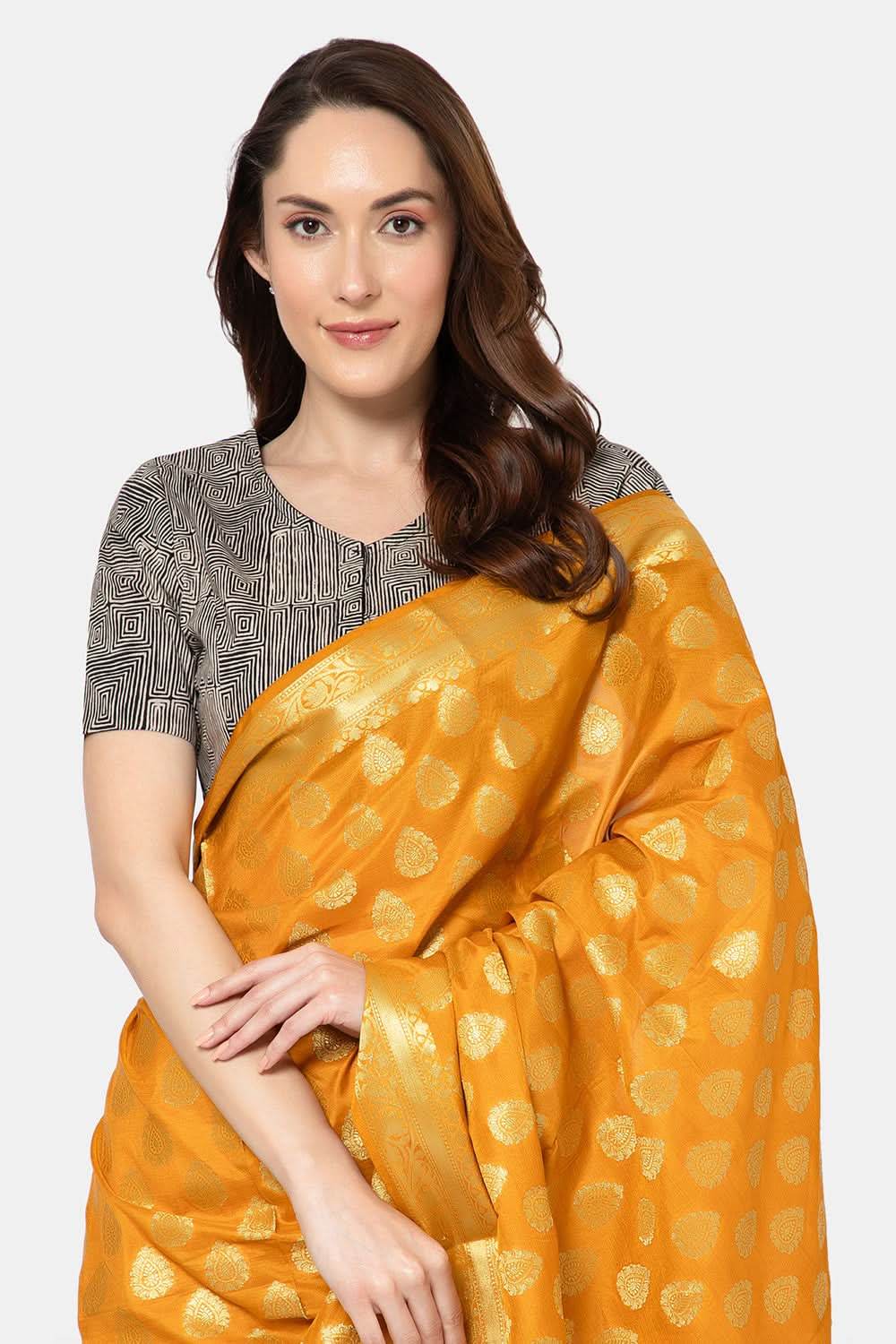 Naidu Hall Elegant Block Print Cotton Blouse for Women with V-Neck, Elbow Sleeves, and Soft Inner Lining - Black - BU15 - Naidu Hall Family Store