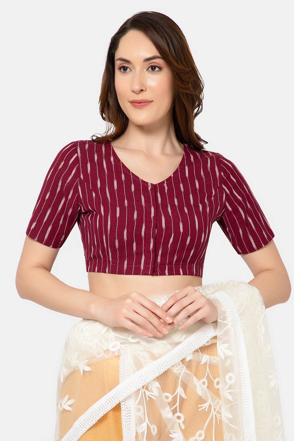 Naidu Hall Women’s Designer Cotton Ikat Blouse V-Neck Front Open with Elbow Sleeves - Maroon - BU16 - Naidu Hall Family Store