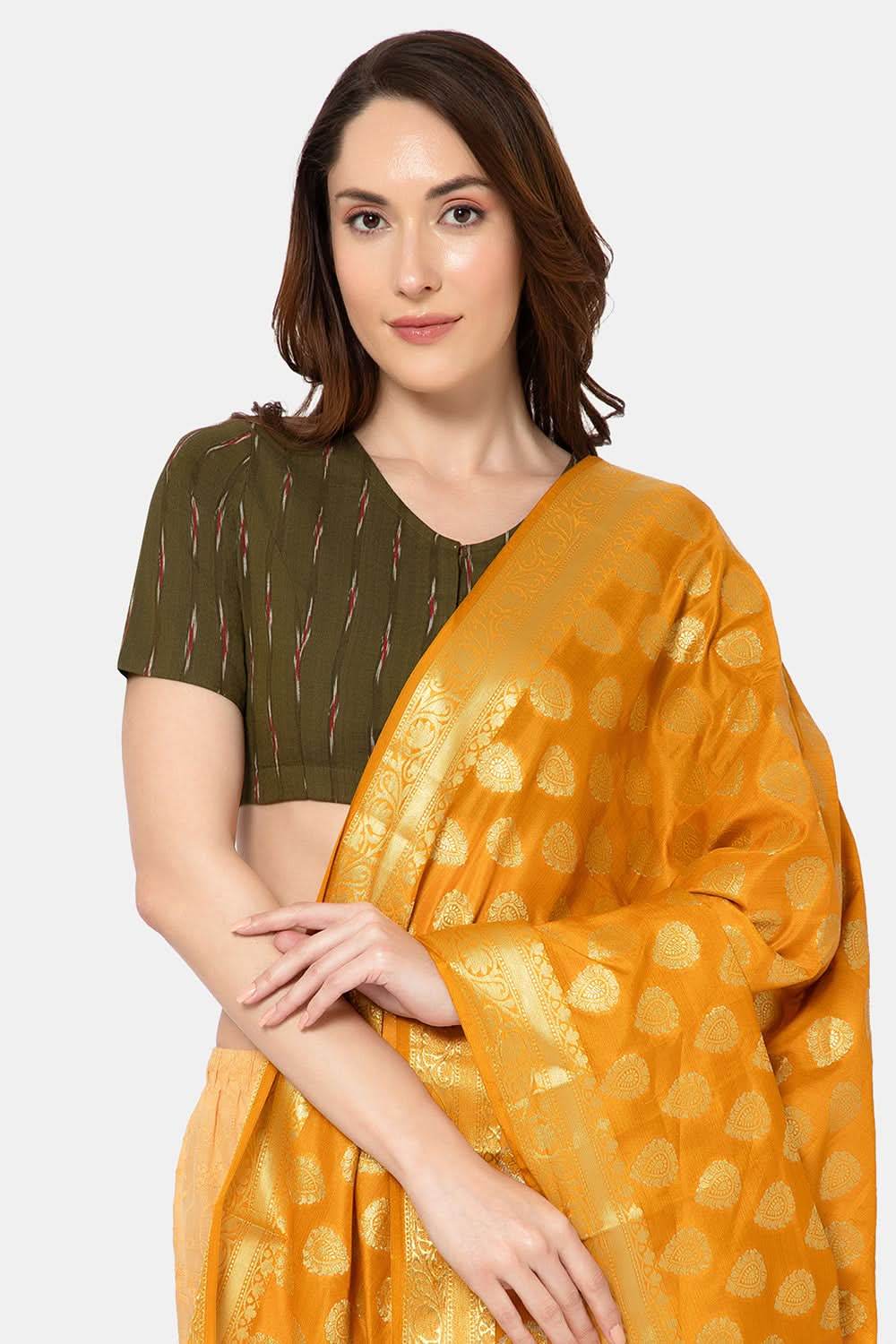 Naidu Hall Designer Cotton Ikat Blouse for Women with V-Neck, Front Open, and Soft Lining - Olive - BU15 - Naidu Hall Family Store