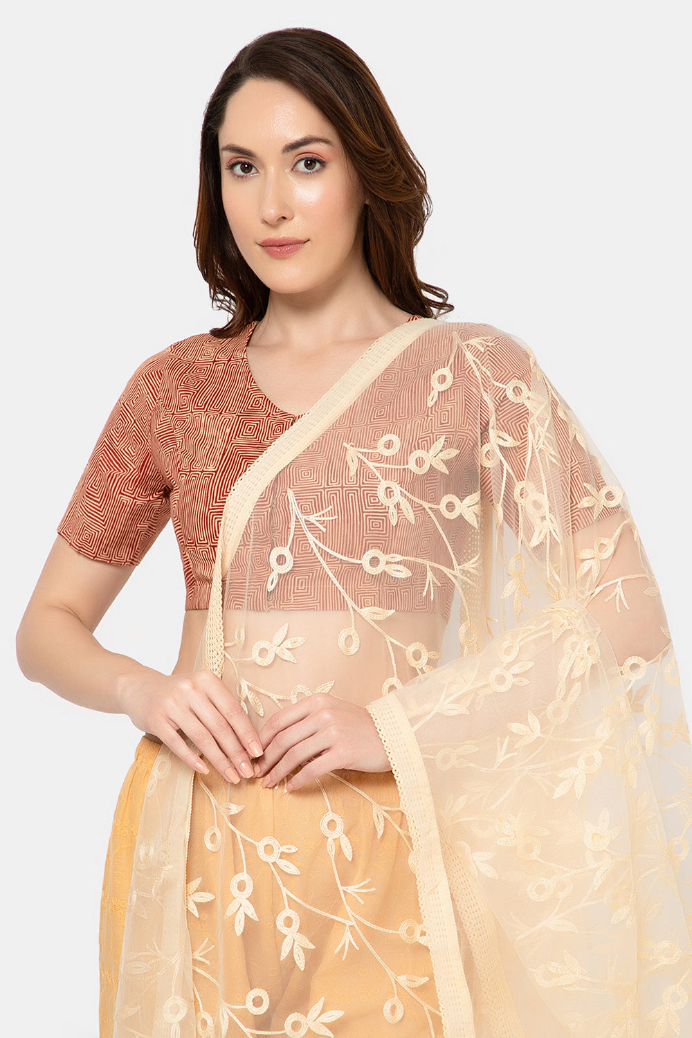 Naidu Hall Women’s Designer Cotton Ikat Blouse V-Neck Front Open with Elbow Sleeves - Red - BU16