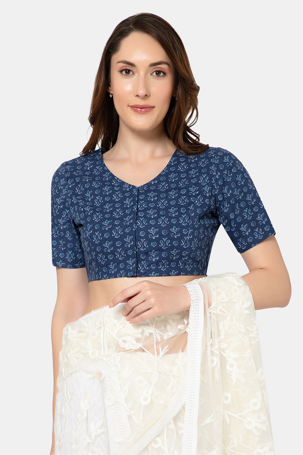 Naidu Hall Women’s Designer Cotton Ikat Blouse V-Neck Front Open with Elbow Sleeves - Dark Blue - BU16