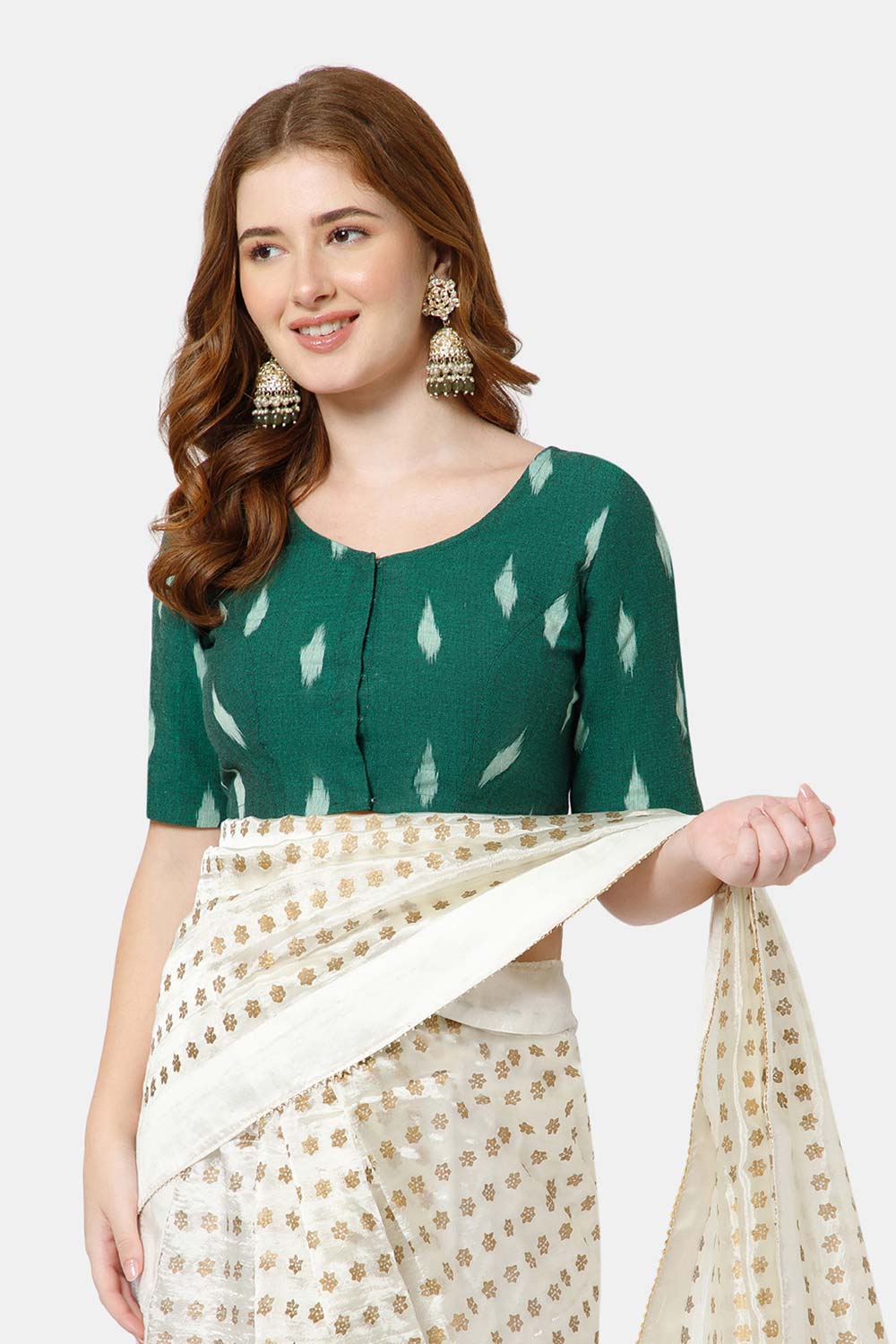 Naidu Hall Women’s Cotton Blouse | Woven U-Neck Ethnic Blouse with Elbow Sleeves & Front Closure - Dark Green - BU17