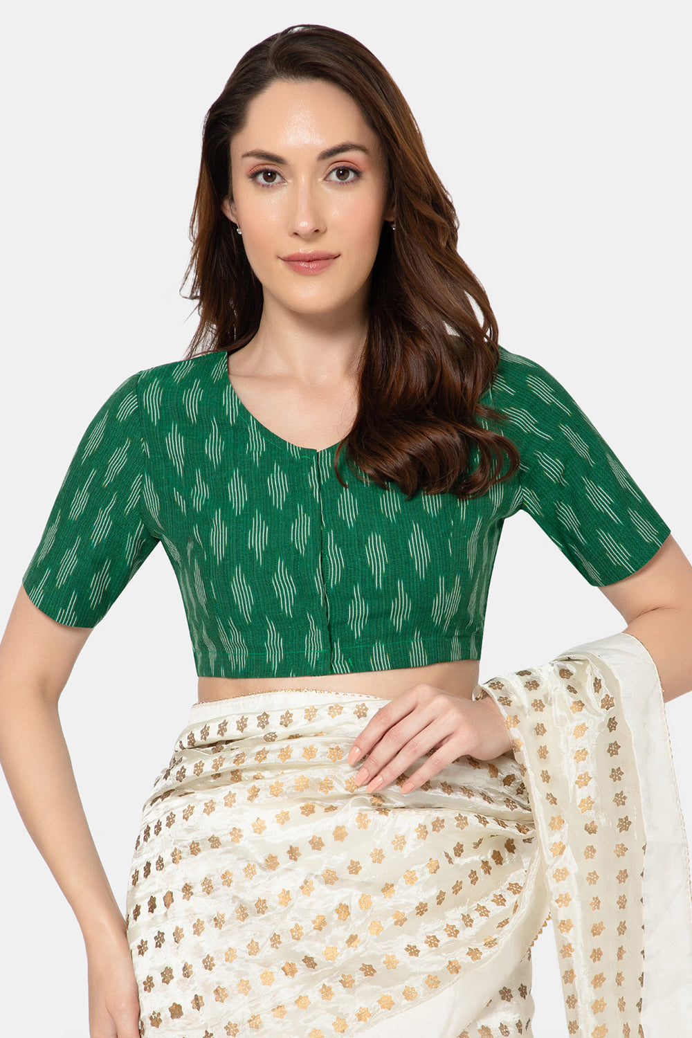 Naidu Hall Women’s Designer Cotton Ikat Blouse V-Neck Front Open with Elbow Sleeves - Green - BU16