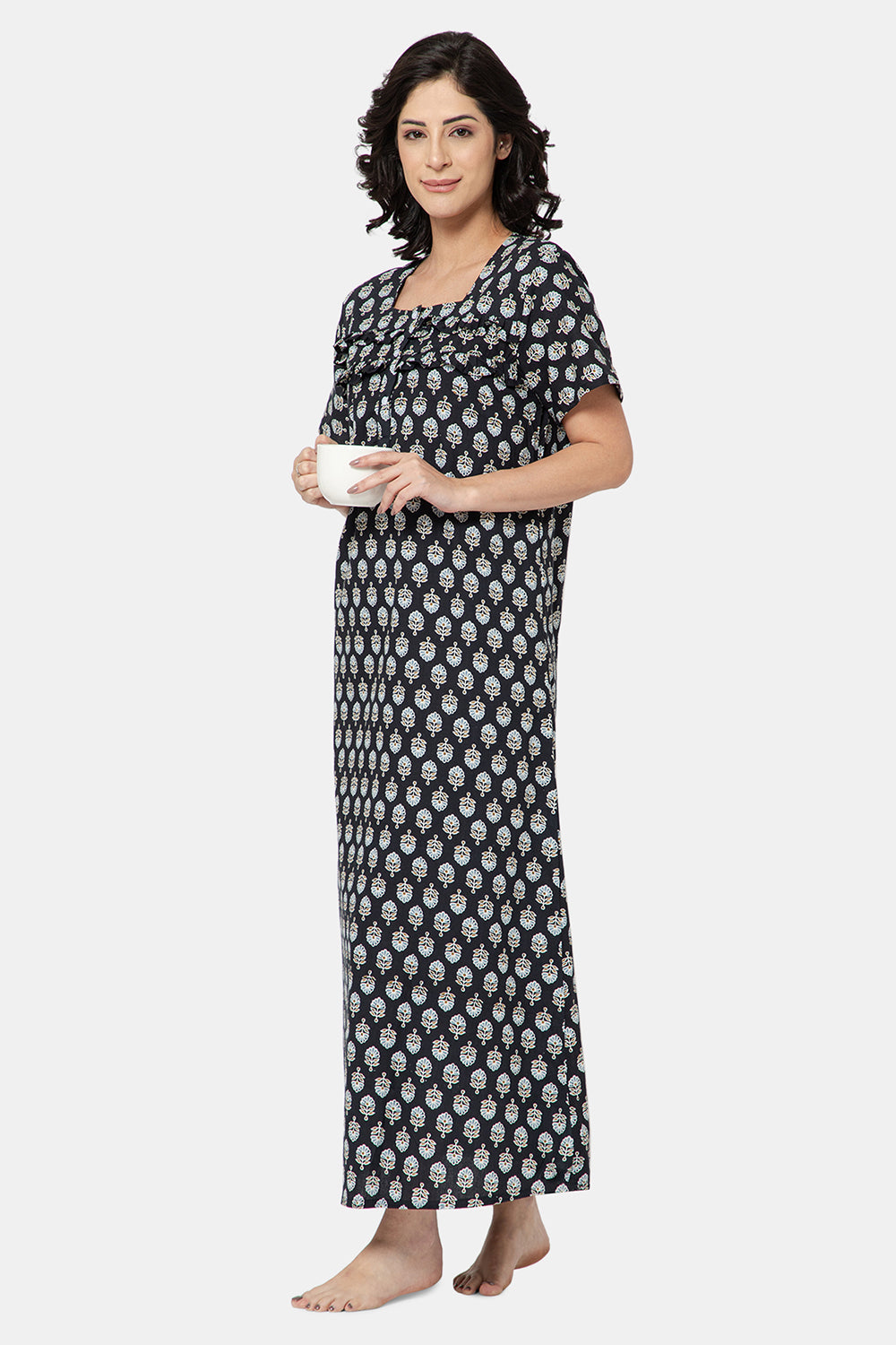 Naidu Hall Women's Printed A-Line Nighty with Square Neck and Ruffle Detailing - Black - N103