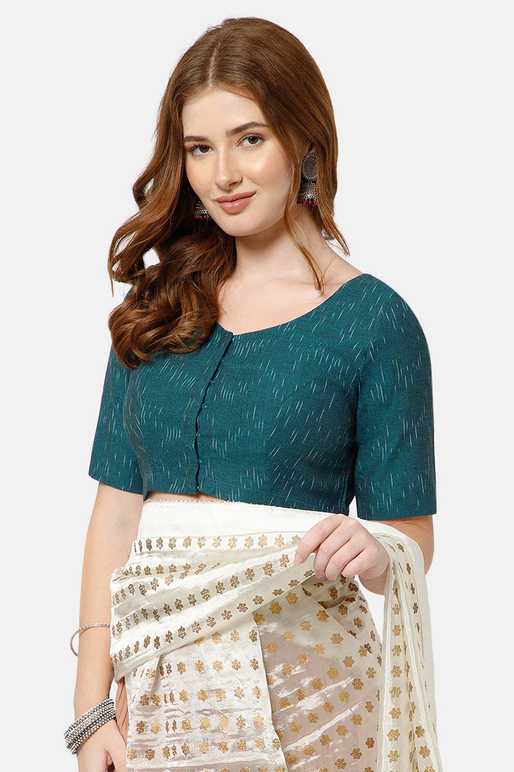 Naidu Hall Women’s Cotton Blouse | Woven U-Neck Ethnic Blouse with Elbow Sleeves & Front Closure - Teal Green-2 - BU17