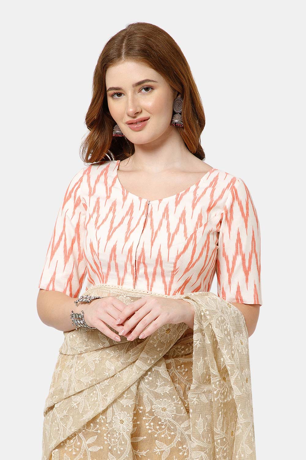 Naidu Hall Women’s Cotton Blouse | Woven U-Neck Ethnic Blouse with Elbow Sleeves & Front Closure - White Red-3 - BU17