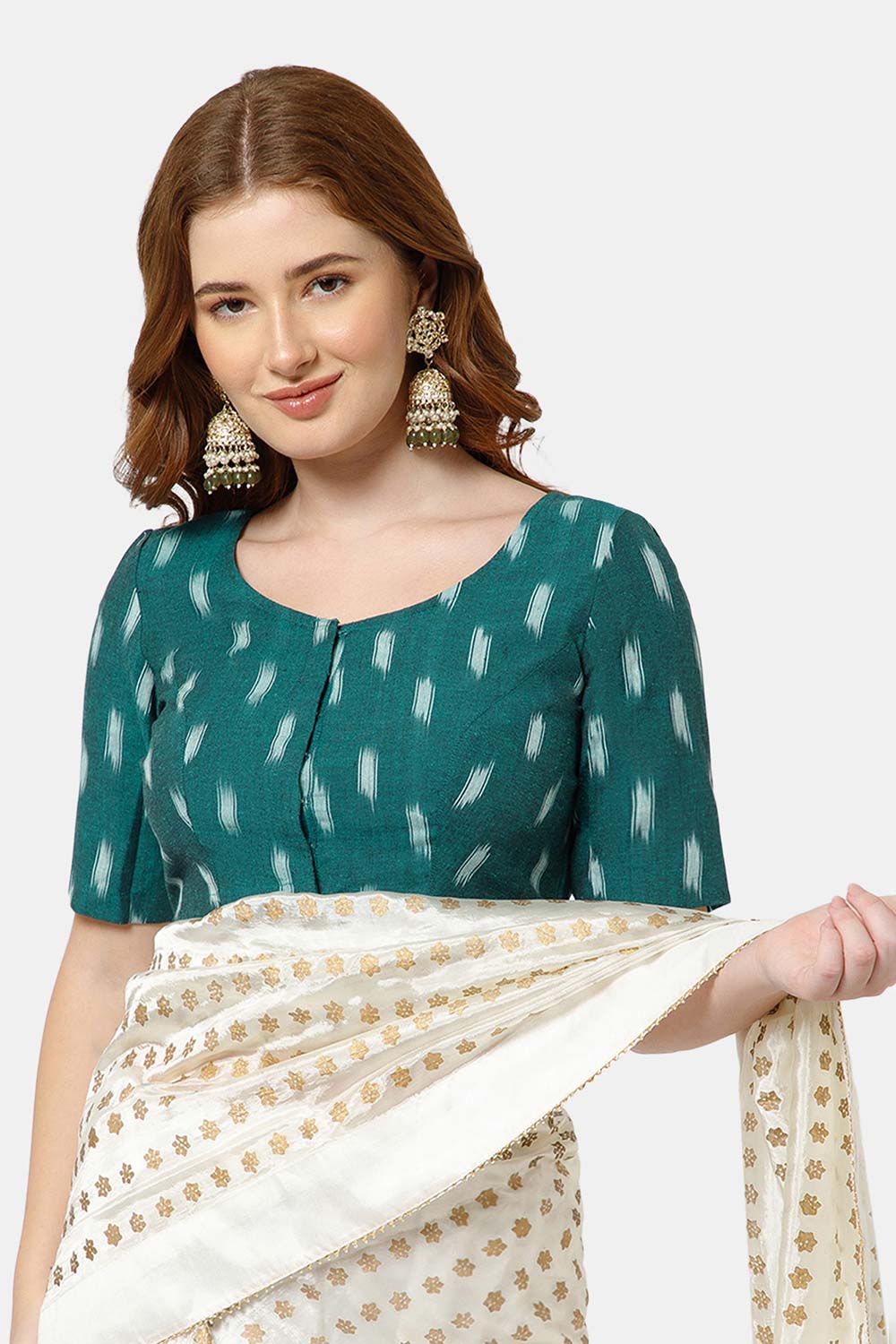 Naidu Hall Women’s Cotton Blouse | Woven U-Neck Ethnic Blouse with Elbow Sleeves & Front Closure - Teal Green - BU17