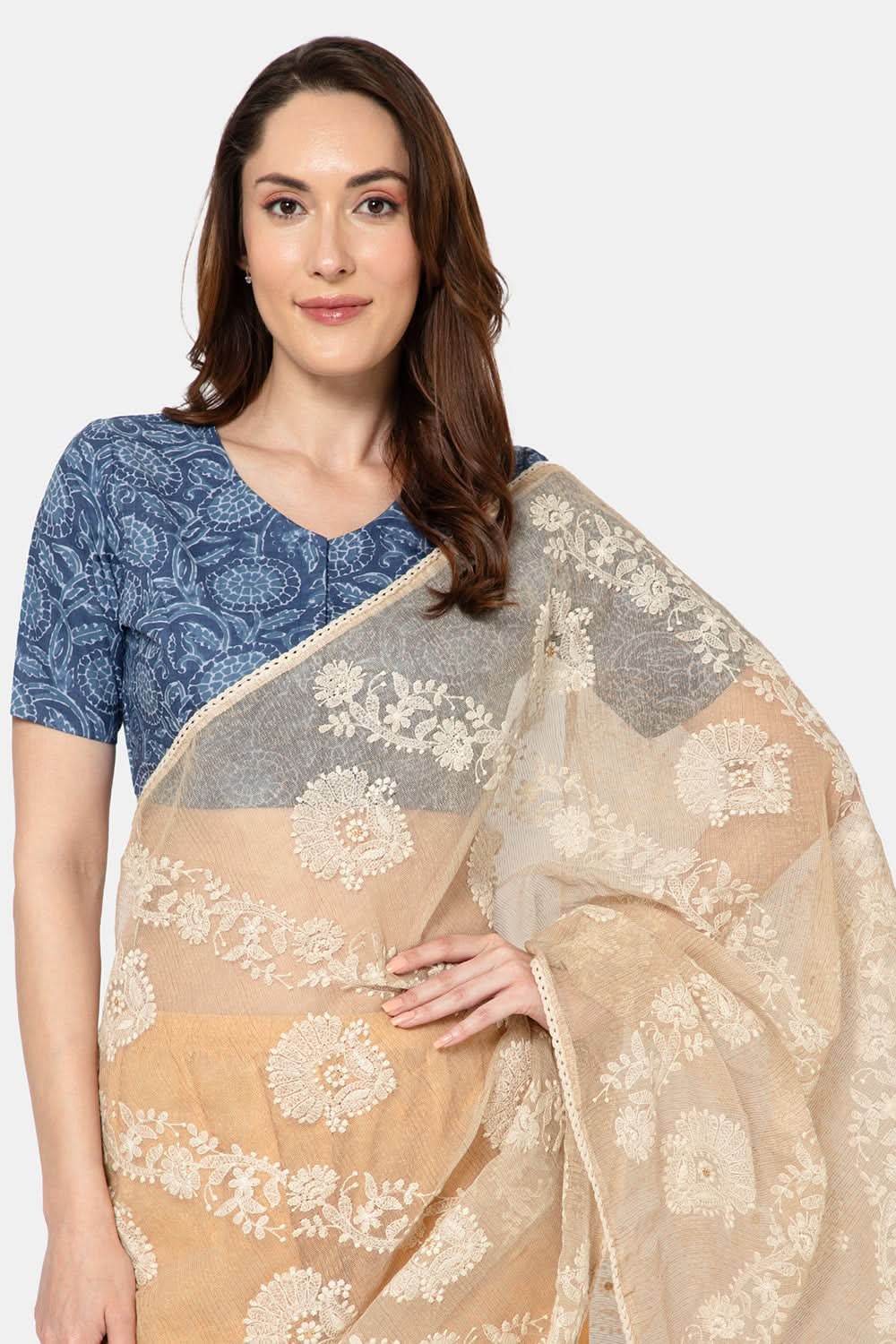 Naidu Hall Elegant Block Print Cotton Blouse for Women with V-Neck, Elbow Sleeves, and Soft Inner Lining - Light Blue - BU15 - Naidu Hall Family Store