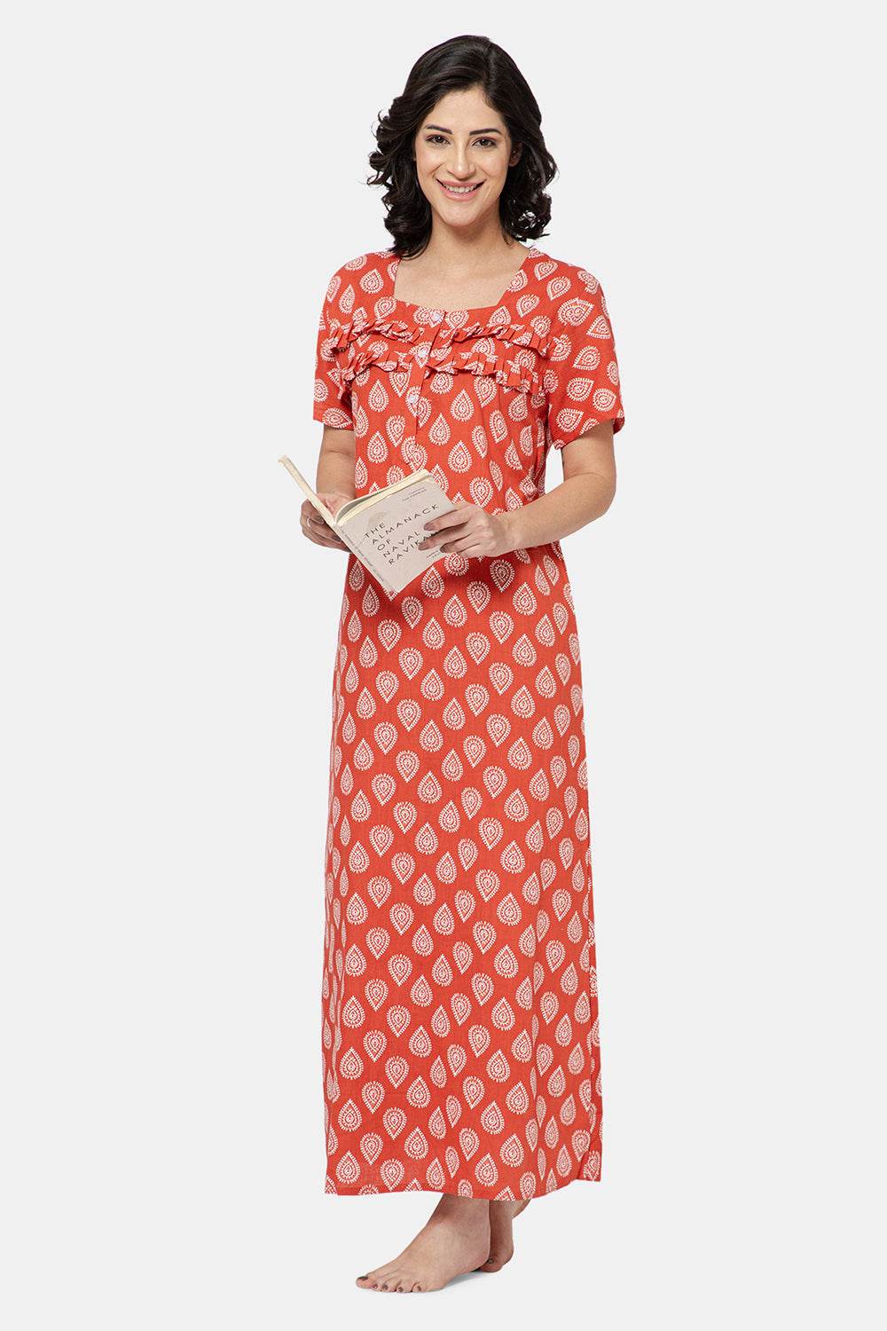 Naidu Hall Women's Printed A-Line Nighty with Square Neck and Ruffle Detailing - Red - N102 - Naidu Hall Family Store