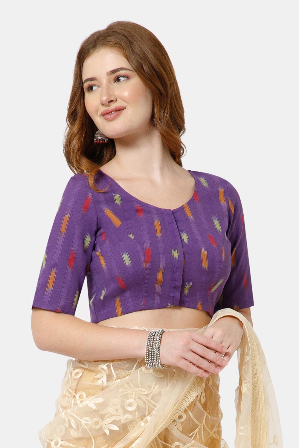Naidu Hall Women’s Cotton Blouse | Woven U-Neck Ethnic Blouse with Elbow Sleeves & Front Closure - Purple - BU17