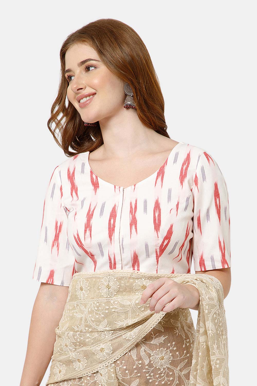Naidu Hall Women’s Cotton Blouse | Woven U-Neck Ethnic Blouse with Elbow Sleeves & Front Closure - White Red - BU17