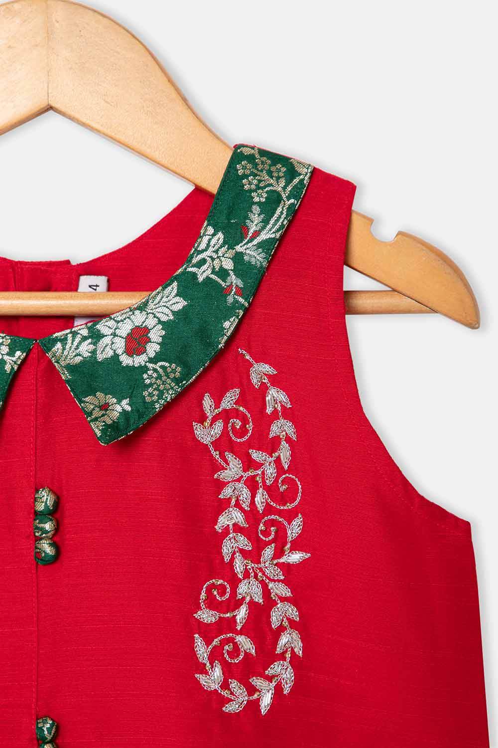Chittythalli Girls Pavadai Set – Cotton Blouse with Brocade Collar & Zari Embroidery, Box Pleated Skirt - Red - PS80 - Naidu Hall Family Store