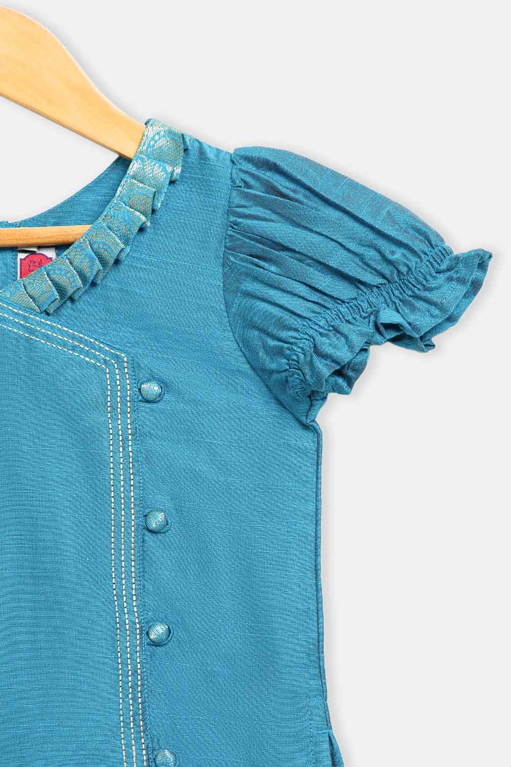 Chittythalli Girls’ Asymmetric Neck Pavadai Set – Brocade Skirt & Cotton Top - Blue - PS50