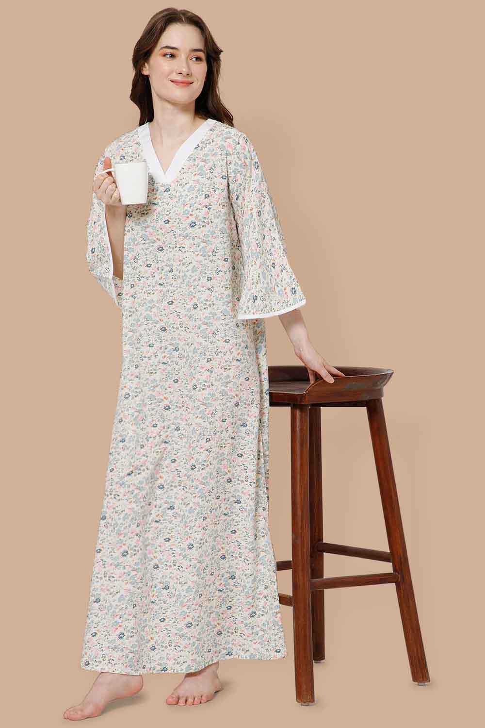 Naidu Hall V Neck Printed Nighty with Long Bell Sleeves - Green - NT40