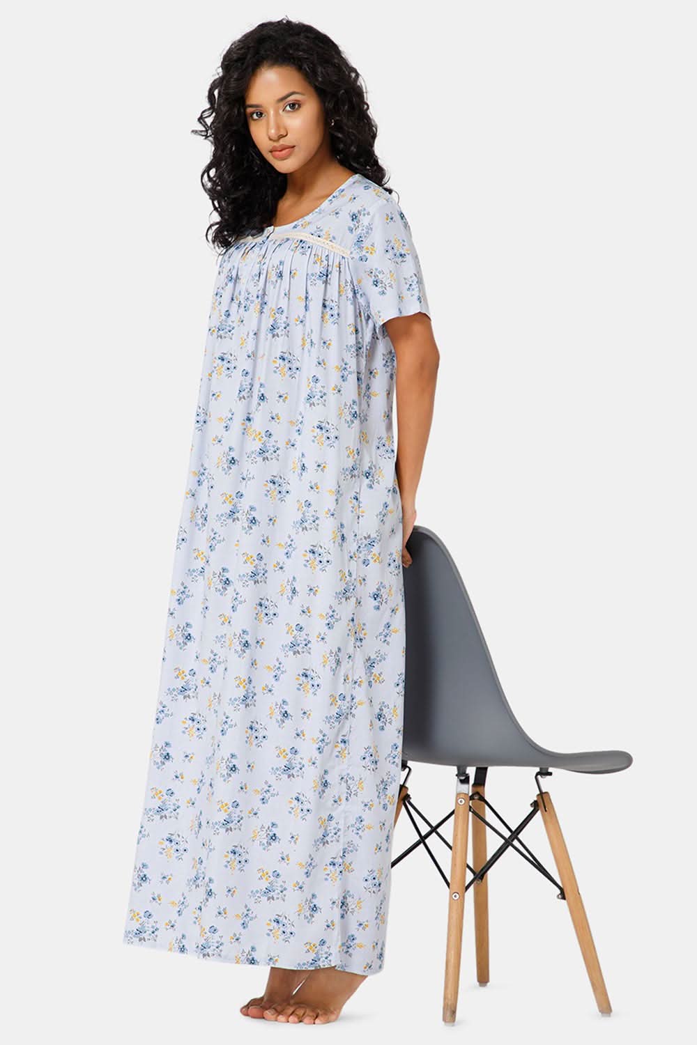 Naidu Hall Front Open Round Neck Short Sleeve Printed Nighty-Light blue - NT11