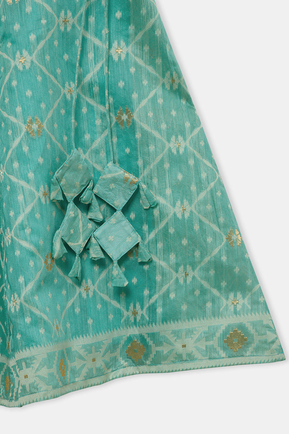 Chittythalli Girls’ Ethnic Pavadai Set – Chanderi Jamdani Peplum Top with Criss-Cross Cording & Kali Skirt | Traditional Festive Wear for Girls - PS91