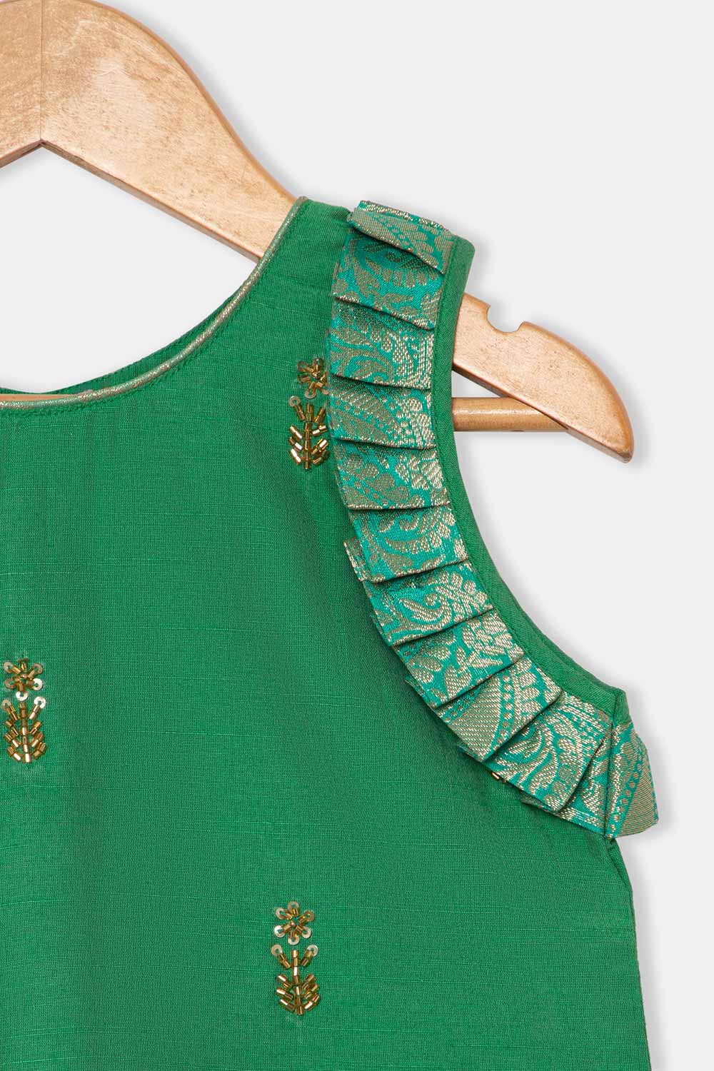 Chittythalli Girls Pavadai Set – Cotton Blend Box Pleated Skirt with Embroidered Butta Blouse - Green - PS47