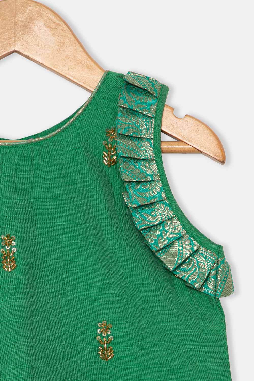 Chittythalli Girls Pavadai Set – Cotton Blend Box Pleated Skirt with Embroidered Butta Blouse - Green - PS47 - Naidu Hall Family Store