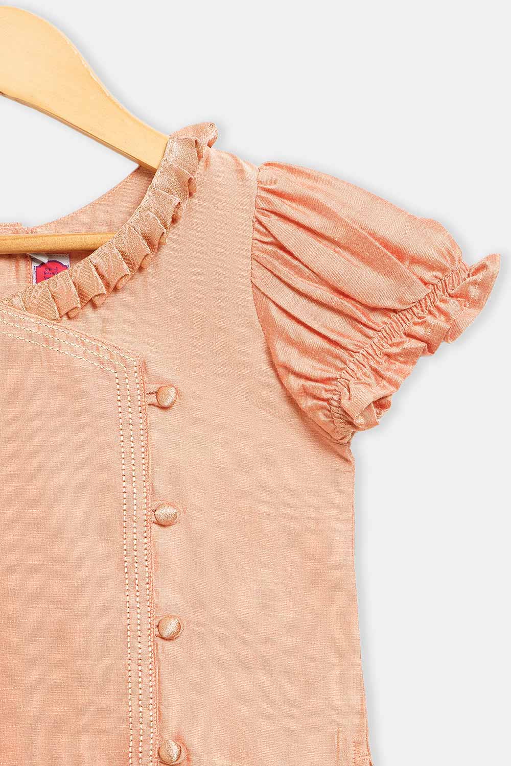 Chittythalli Girls’ Asymmetric Neck Pavadai Set – Brocade Skirt & Cotton Top - Peach - PS50