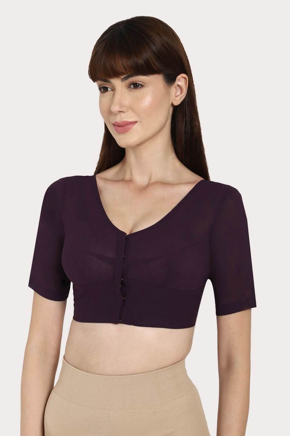 Naidu Hall Full Coverage Non-Wired Non-Padded Round Neck Long Sleeve Cotton Blouse - Dark Wine - Naidu Hall Family Store