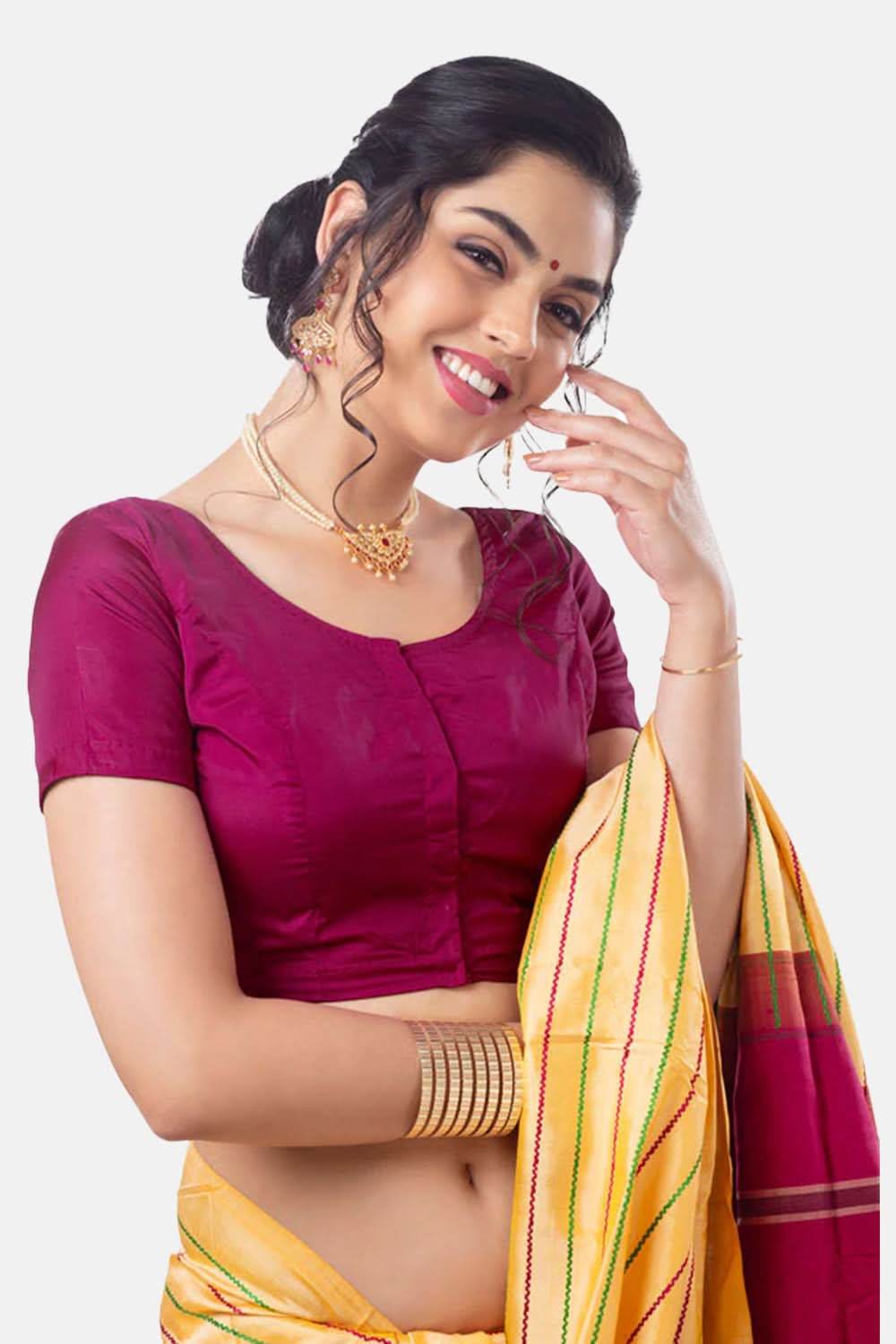 Naidu Hall Princess Cut Short Sleeve Front Open Silk Cotton Blouse - Naidu Hall Family Store