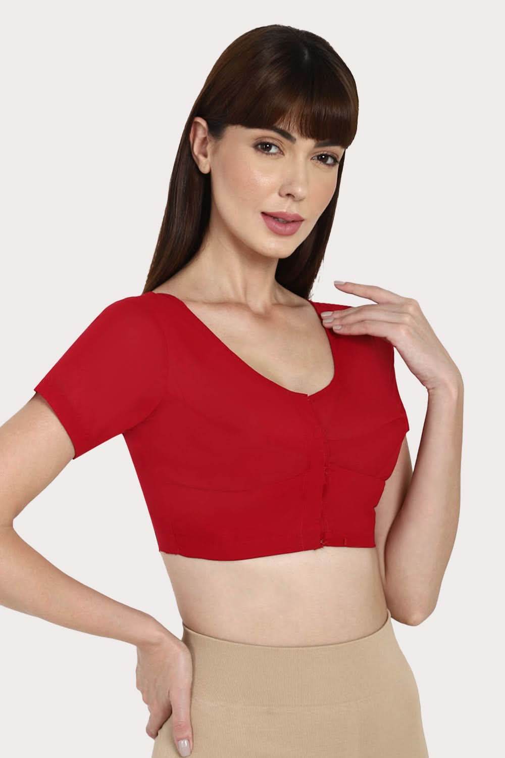 Naidu Hall Full Coverage Non-Padded Round Neck Short Sleeve Cotton Blouse - Dark Red - Naidu Hall Family Store