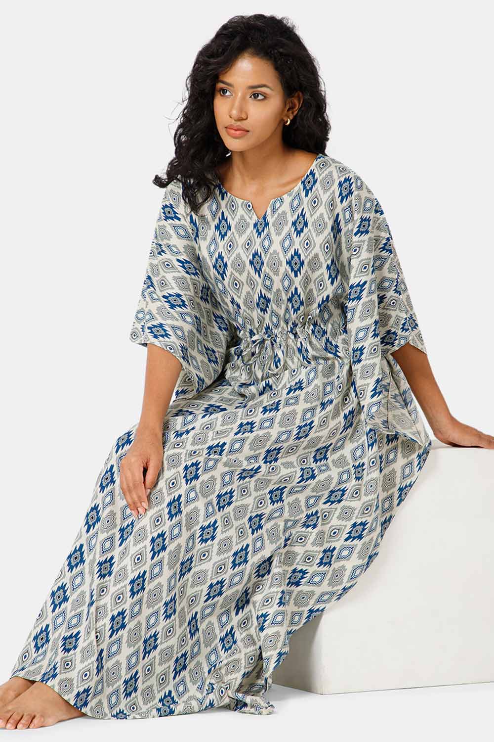 Naidu Hall Round Neck Kaftan Style Printed Nighty-Off white - NT27