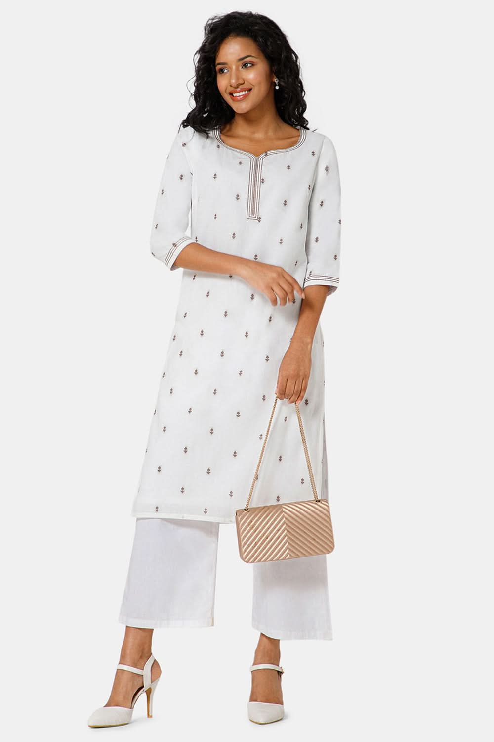 Mythri Sweet Heart Neck 3/4th Sleeve Straight Kurti - Brown - KU45