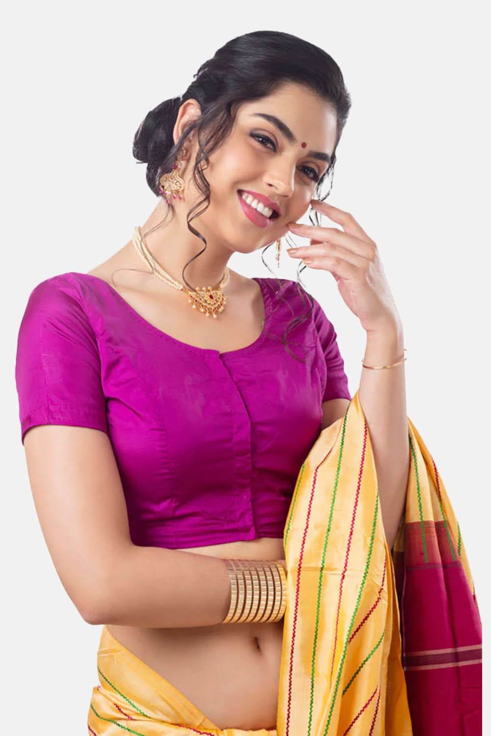 Naidu Hall Princess Cut Short Sleeve Front Open Silk Cotton Blouse - Naidu Hall Family Store