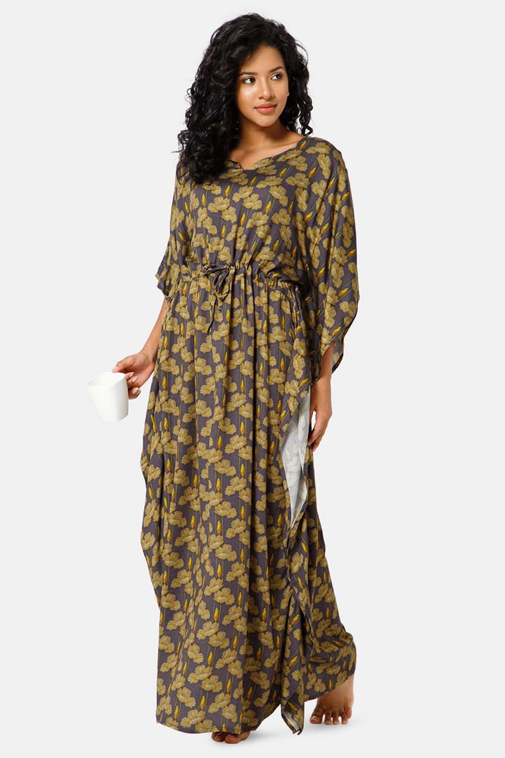 Naidu Hall Round Neck Kaftan Style Printed Nighty-Grey - NT27