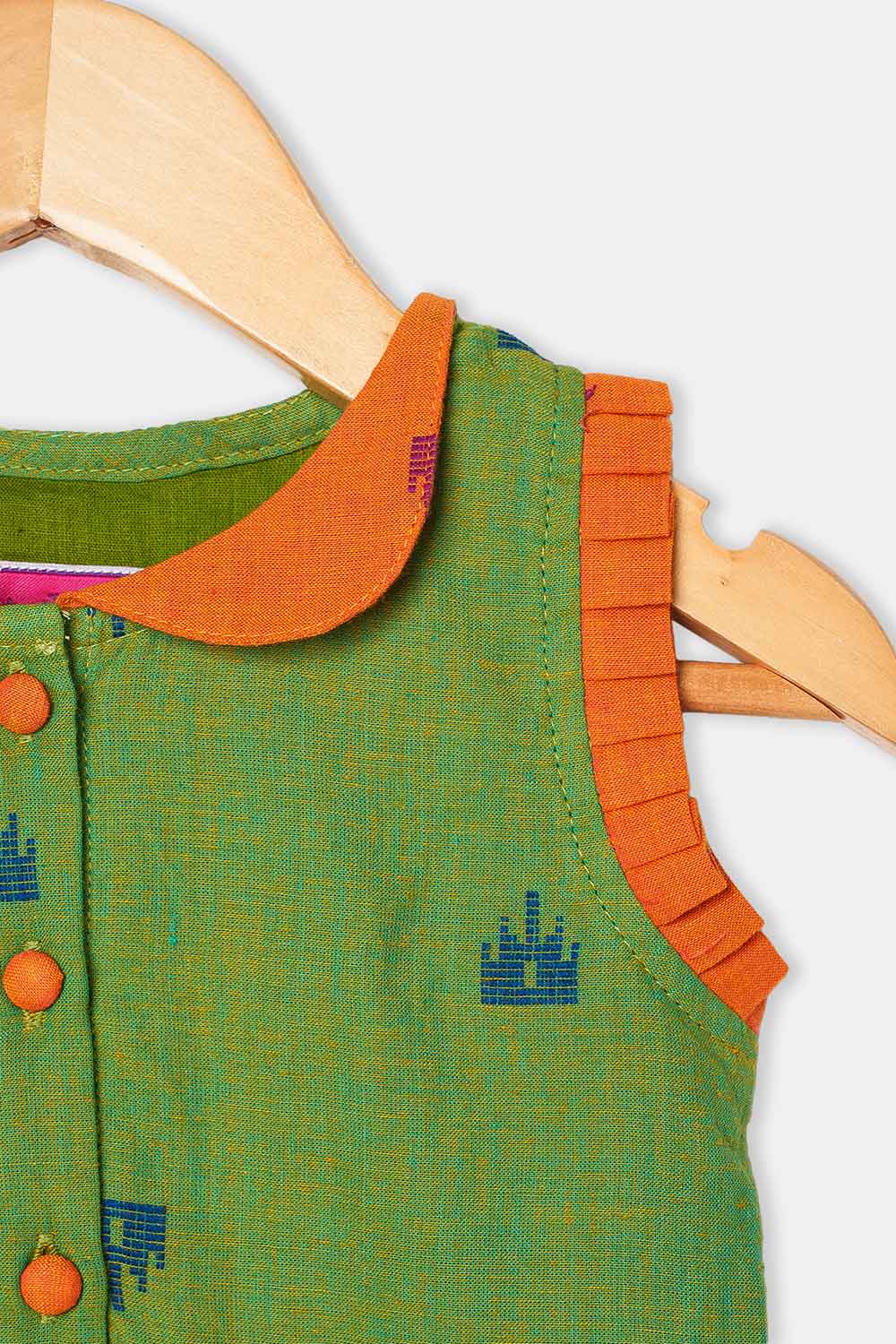 Chittythalli Girls Ethnic Frock Cotton Sleeveless Dress with Peter Pan Collar, Knife Pleats and Gathered Skirt- Dark Green - FR40
