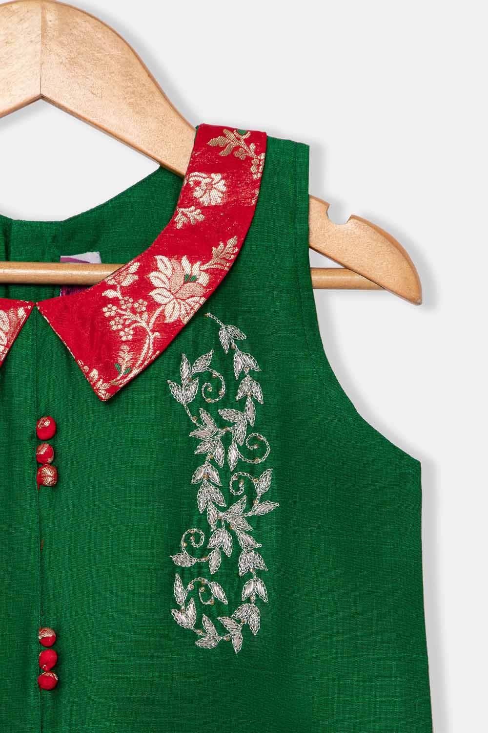 Chittythalli Girls Pavadai Set – Cotton Blouse with Brocade Collar & Zari Embroidery, Box Pleated Skirt - Green - PS80 - Naidu Hall Family Store